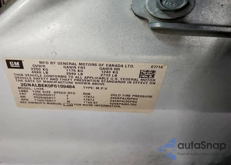 2015 Chevrolet Equinox Lt z USA, uszkodzony, nr VIN 2GNALBEK9F6109484